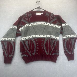 London Fog Knit Sweater Mens M Maroon Gray Ribbed Hem VTG Grandpacore Cabincore